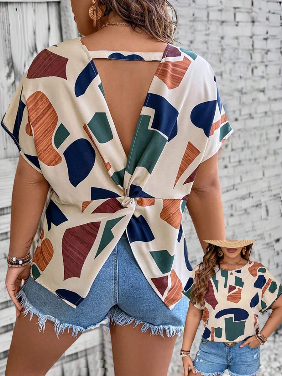 SHEIN LUNE Plus Size Women's Woven Geometric Color Block Print Twist Back Cutout Raglan Short Sleeve Resort Shirt For Summer - Multicolor - View 1