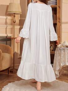 PalaceNights Palace Style Embroidery Long Sleeve Maxi Loose Maternity Nightgown Babydoll Luxe Loungewear, Fall - White - View 2