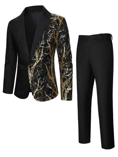 Calvornis Men's Sequin Patchwork Blazer And Solid Color Suit Trousers Set For Party/Performance, Men Party Outfit, Prom Suits, Old Money Style