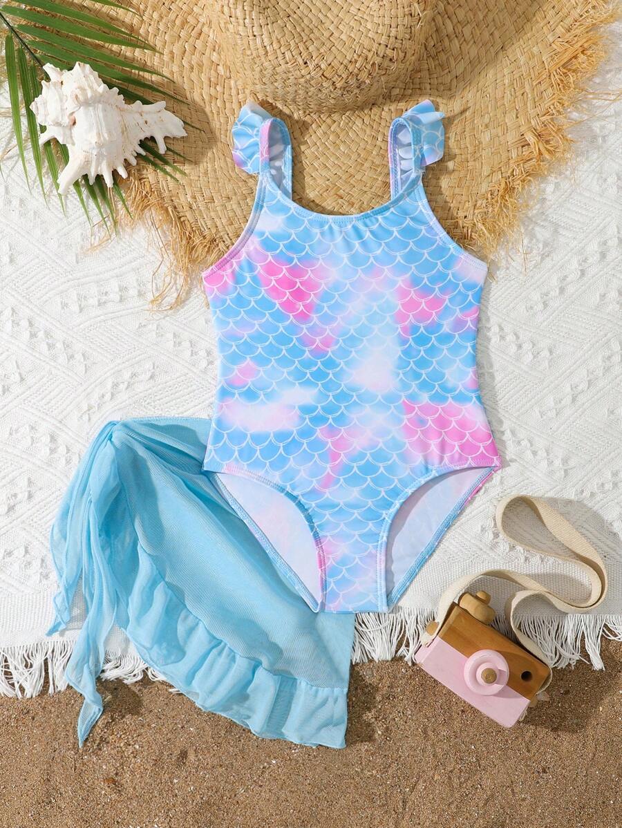 Young Girl Mermaid Print One Piece Swimsuit With Cover-Up Skirt, Printed Design Varies - Multicolor - View 1