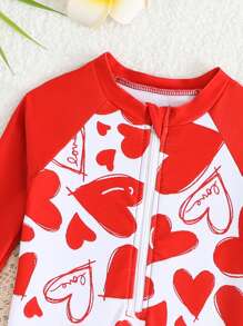 SHEIN Baby Girls' Heart Print Zip-Up Half Front Snap Long Sleeve Casual Swimsuit With Shorts - Multicolor - View 3