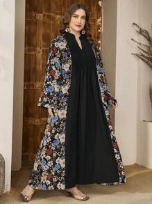 Al Najma Plus Size Women's V-Neck Pleated Bell Sleeve Floral Loose Casual Elegant Romantic Arabic Style Dress - Multicolor - View 6