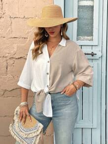 Calvaya Plus Size Women Spring/Summer Contrast Texture Front Opening Button 3/4 Sleeve Long Shirt - Khaki - View 4