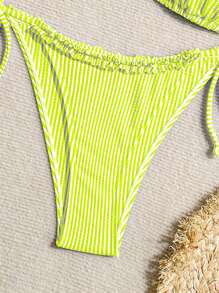 Swim Mod 女士条纹航海风拼接荷叶边系带比基尼套装，适合夏季海滩度假 - 黃色 - 查看 8