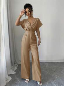 Elenzga Damen einfarbiger drapierter V-Ausschnitt Geraffter Taille Lässig Jumpsuit - Braun - Übersicht 5