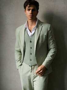 Manfinity VCAY 2pcs Men Slim Fit Notched Collar Fashion Casual Suit Set, Suitable For Daily Office - Green - View 15