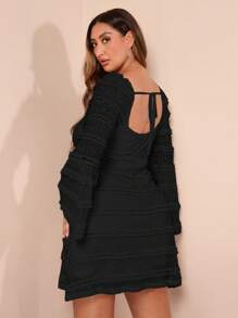 SHEIN BAE Plus Size Women's Black Elegant Long Flare Sleeve Layered Ruffle Hem Mini Dress, Autumn Dinner Party Curve Fitted Short Dress,Formal Basic Dress - Black - View 2