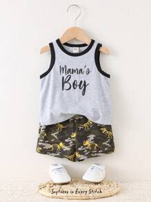 Cozy Pixies 2 件装男婴字母图案柔软针织无袖圆领上衣和松紧腰短裤套装