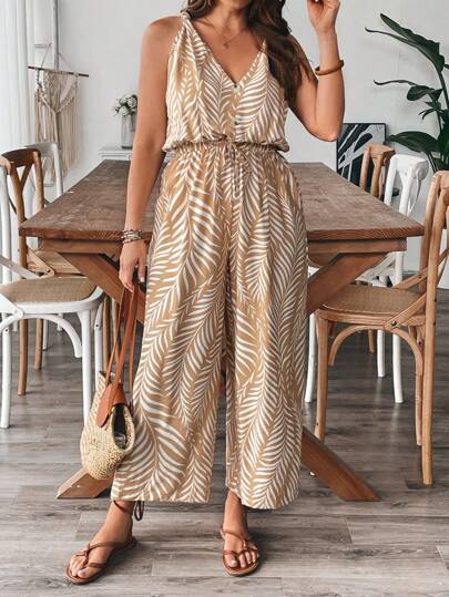 EMERY ROSE 大码休闲度假花卉复古印花细肩带阔腿连体裤