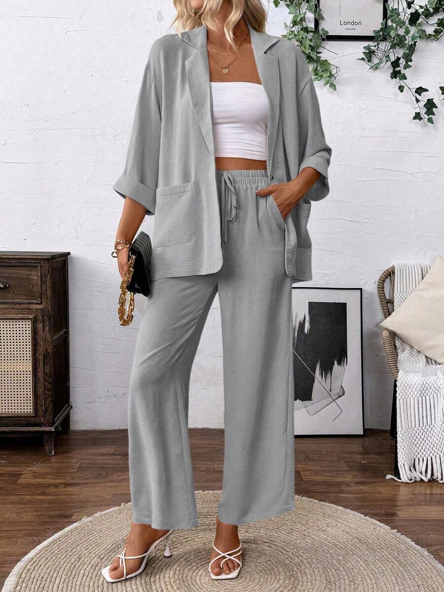 Chiquease 女士纯色缺口领 3/4 袖夹克和裤子休闲套装