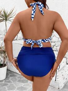 SHEIN Swim Curve Plus Size 2 Pieces Blue & White Printed Ruffled V-Neck Halter Bikini Top With Blue Linen Side Drawstring High Waist Bottoms, Sexy & Slimming Beach Party Swimwear For Women For Summer Beach Vacation - Multicolor - View 2
