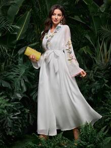 Al Najma Women's Elegant Embroidered & Beaded Long Bell Sleeve Coat With Camisole Dress Arabic Clothing Set, Spring/Summer - White - View 5