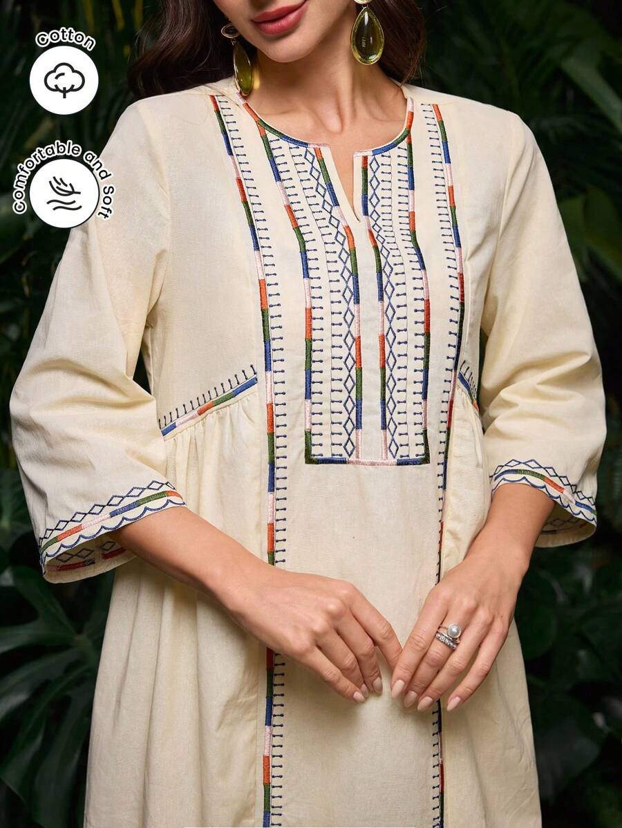 Al Najma 女式刺绣缺口领阿拉伯风格长裙，阿拉伯连衣裙，端庄 - 杏色 - 查看 1