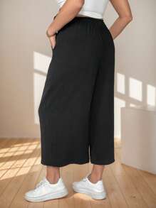SHEIN Essnce 大码女装春夏时尚休闲宽松舒适日常基本款黑色松紧腰七分裤阔腿裤，女式下装，女式夏季服装，宽松裤 - 黑色 - 查看 2