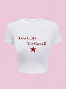 Flirla Funny Slogan Print Fitted Short Sleeve Women T-Shirt, Cute Tops, Spring/Summer
