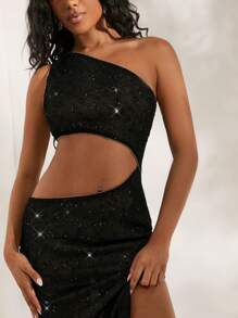 Opulessa Đầm suông hở eo đính sequin đan trơn cho nữ - màu đen - Xem 6