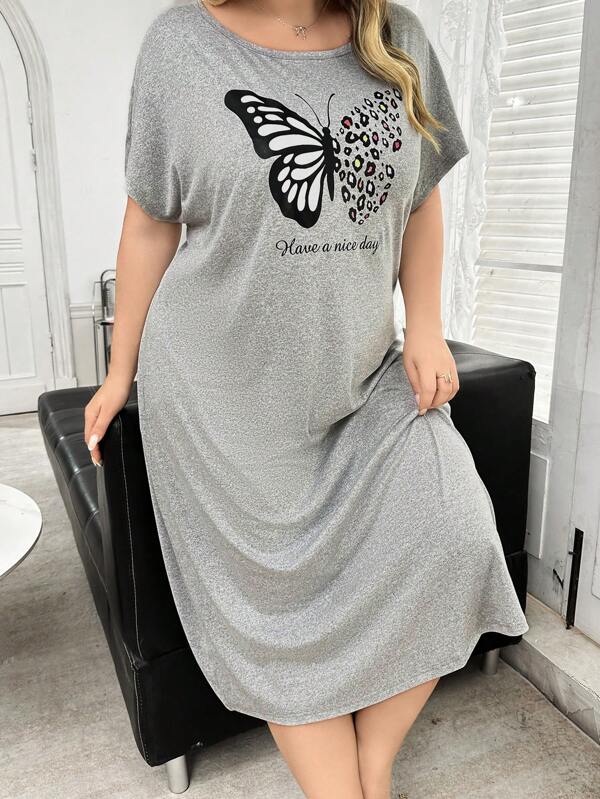 Camisón informal y cómodo con estampado de mariposas y hombro asimétrico, vestido de dormir de verano de talla grande