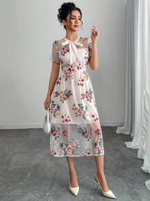 Breezaya Women's Asymmetric Floral Pattern Embroidered Mesh Patchwork Waist Midi Dress - Apricot - View 4