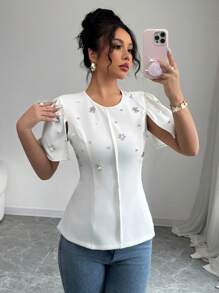 Elenzga Standard Size Women Solid Color Round Neck Rhinestone Decor Fitted Short Sleeve Blouse - White - View 1