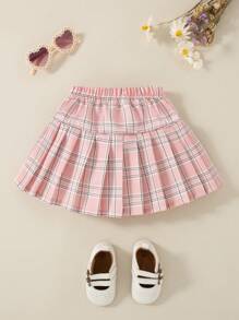 SHEIN 女宝宝粉色格子褶皱A字腰裙，优雅甜美学院风，适合春夏 - 粉色 - 查看 5