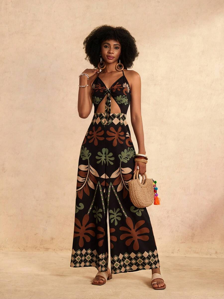 Zivah Nuovo tuta intera donna per primavera ed estate, stile vacanziero, con spalline e fiocco centrale, senza vita, senza schiene, pantaloni extra larghi e lunghi, fondo nero integrale, stampa retrò a foglie verdi, arancioni e albicocca, dalla forma a rombo - Multicolore - Visualizzare 1