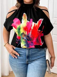 SHEIN Clasi Plus Size Women Boho Style Sleeveless Floral Print Halter Neck Loose Beach Shirt, Casual Vacation Wear, Spring/Summer - Black - View 6