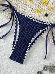 Swim Vcay 春假女士新款夏季纹理纯色泳装套装，细肩带、露背、侧系带泳裤，海滩度假比基尼 - 藏蓝色 - 查看 5