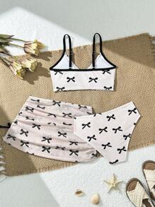 SHEIN 3 件套 Tween 女童印花比基尼套装 - 杏色 - 查看 2