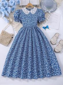 SHEIN Váy in kỹ thuật số cho bé gái tuổi mới lớn, nền trắng có họa tiết hoa nhỏ, cổ áo có hoa, tay bồng, thanh lịch và dành cho kỳ nghỉ hè - Màu xanh lam - Xem 9