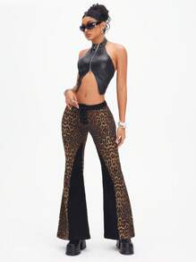 SHEIN ICON Women's Simple Leopard Print Panel Lace-Up Flare Leg Casual Jeans - Multicolor - View 5