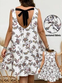 SHEIN Clasi Plus Size Colorful Waves Print Backless Tied Knot A-Line Ruffle Hem Summer Vacation Dress - White - View 1