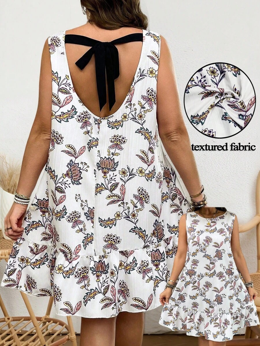 SHEIN Clasi Plus Size Colorful Waves Print Backless Tied Knot A-Line Ruffle Hem Summer Vacation Dress - White - View 1