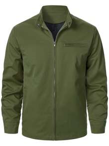 Manfinity Homme Men's Solid Color Front Zipper Long Sleeve Pocket Casual Jacket
