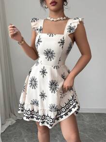 Elenzga Women's Tie Back Waist Ruched Design Printed Mini Sleeve Holiday Casual Commuter Dress