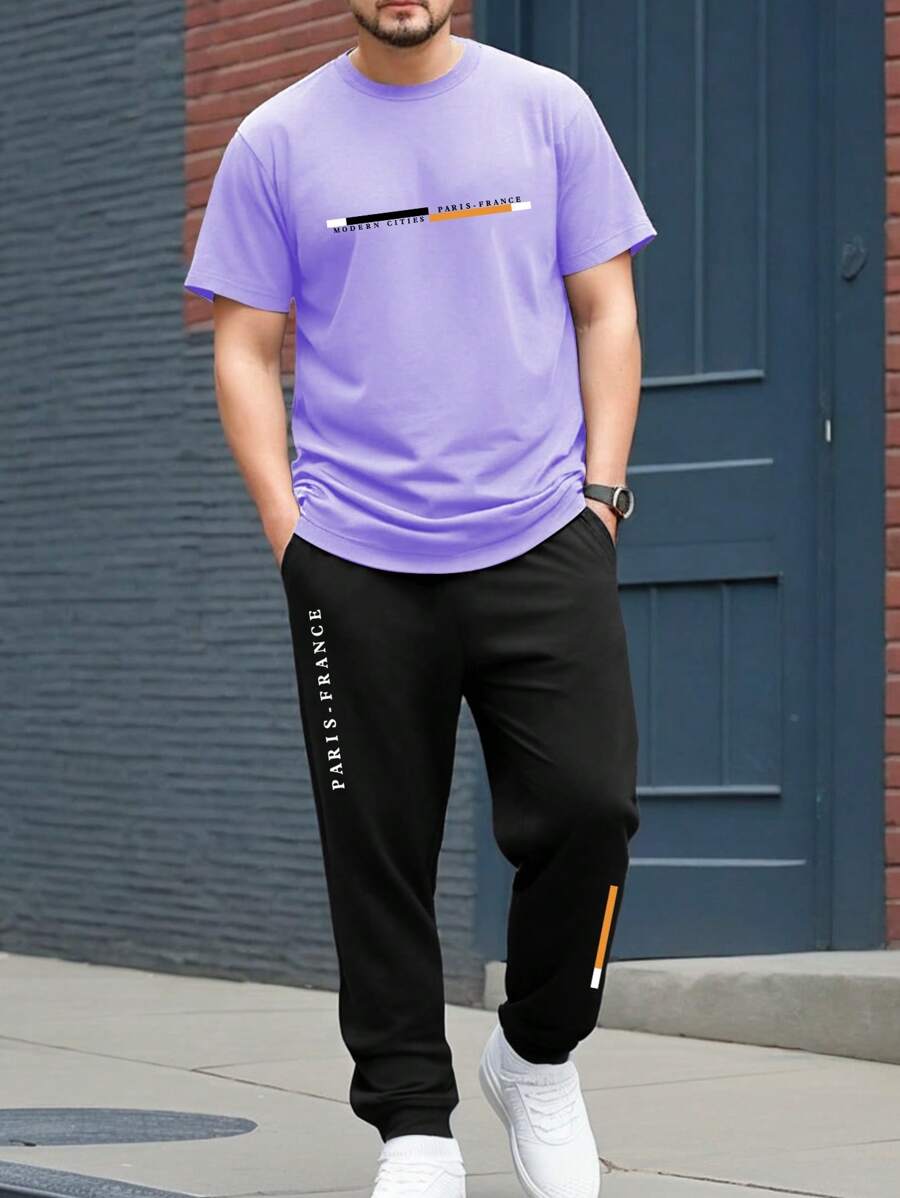 Manfinity Homme Męski zestaw T-shirt z krótkim rękawem i spodniami w dużym rozmiarze z nadrukiem liter