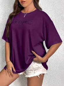 SHEIN Essnce T-shirt à manches tombantes avec motif de lettres brodées pour femmes grandes tailles
