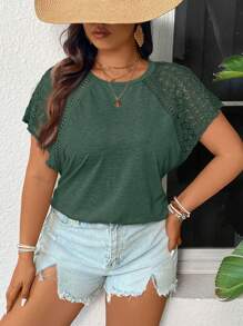 SHEIN Frenchy Maglietta a maniche corte con scollo a pizzo e effetto colorblock, adatta per l estate e taglie forti