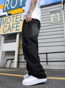 Manfinity EMRG 男士休闲破洞口袋简约牛仔裤，适合日常穿着 - 黑色 - 查看 5