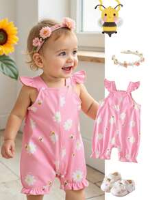 SHEIN Playful Pals Ensemble de barboteuse et short à volants pour bébé fille, style coréen d'été, imprimé floral et abeilles sur tout le vêtement