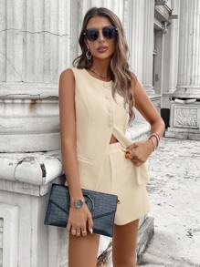 SHEIN LUNE 2pcs/Set Early Autumn 2024 Women Red Vest & Shorts Suit - Khaki - View 4