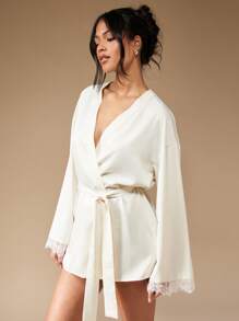 MISSGUIDED Luxury Bridal Getting Ready Robe Diamante Embellished Lace Trim Wedding Morning Preparation Kimono Style Wrap - Beige - View 3