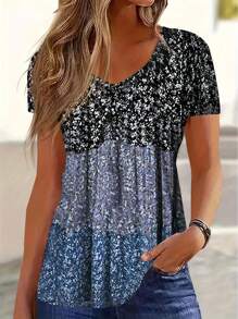 Plus Size Women V-Neck Casual Ditsy Floral Short Sleeve Top, Summer Women Top - Yellow - View 1