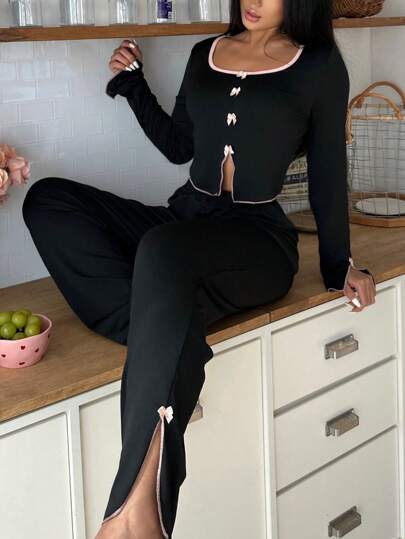 SweetSlumber Conjunto de pijama con abertura lateral y contraste de color con adorno de lazo elegante para mujer, atuendo de estar en casa, ropa de otoño