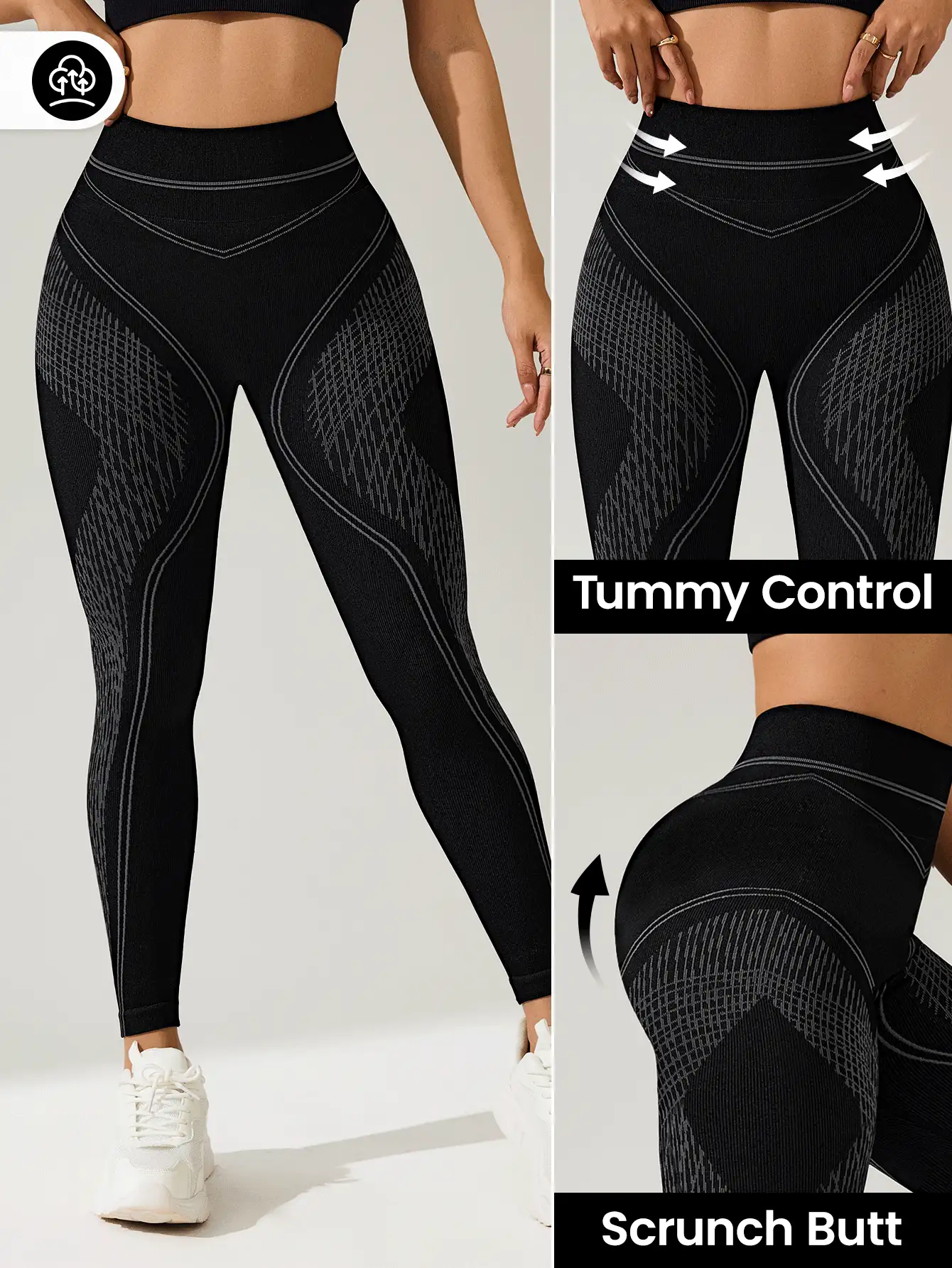 Seamluxe SHEIN Sport 女士条纹高腰无缝黑色紧身裤