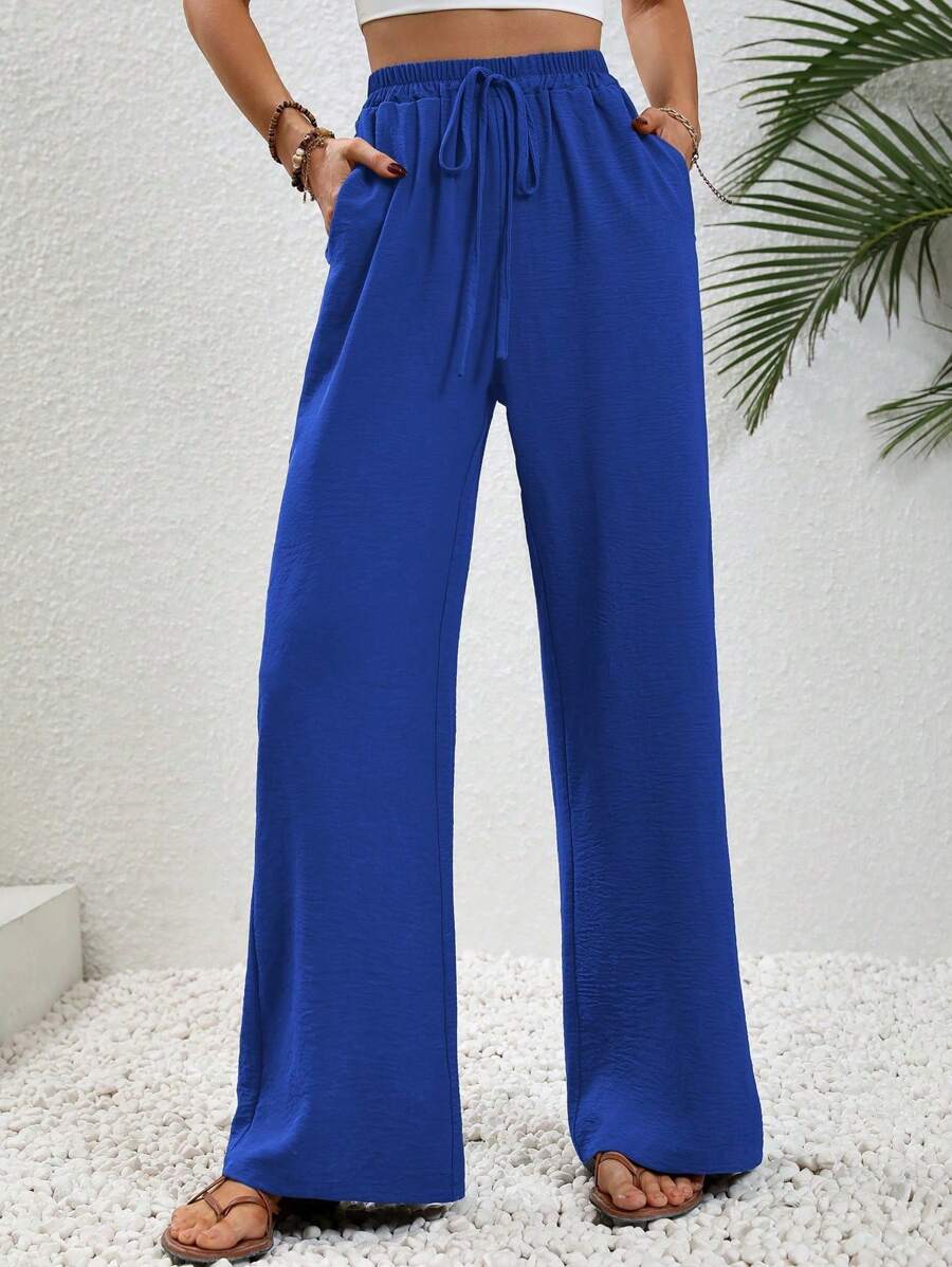 SHEIN LUNE 7/9 Length Plain Casual Trousers, Minimalist & Fashionable Everyday Wear Fall Cloth For Women - Blue - View 1