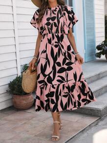SHEIN Clasi Allover Print Ruffle Sleeve Vacation Beach Dress