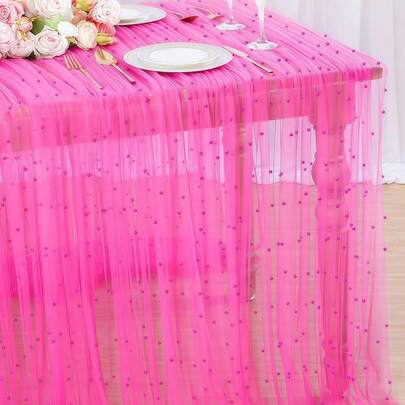 SHEIN 1pc 160*100cm Rose Red Faux Pearl Decorative Tulle Table Runner, Wedding Transparent Tulle Tablecloth, Wedding Arch Decoration Reception Bridal Shower, Party Decoration, Chair Decoration, Event Backdrop Wall Decoration, Valentine's Day