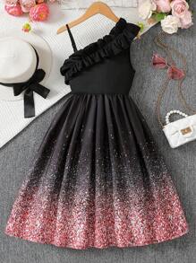 Vestido de Festa Casual de Primavera/Verão, Férias, Verão, Viagem para Meninas Pré-Adolescentes com Ombro Assimétrico, Babados Sobrepostos, Remendos de Tricô e Tecido Tecido, Estampa Sequinada, Cintura Elástica, Estampa Floral Preta e Rosa - Preto - Visão 2