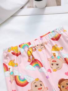 CoComelon X SHEIN 女婴 2 件套可爱甜美彩虹图案 T 恤和裤子家居服睡衣套装，春夏 - 粉色 - 查看 5