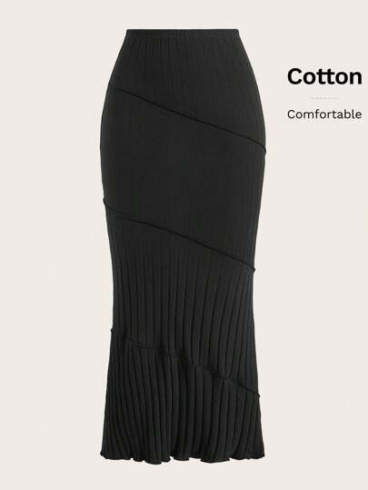 SHEIN EZwear Solid Lettuce Trim Pencil Skirt